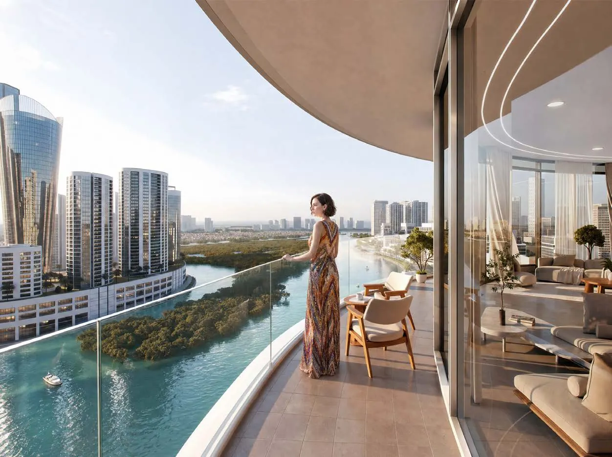 A resident on a curved balcony above the mangrove canal