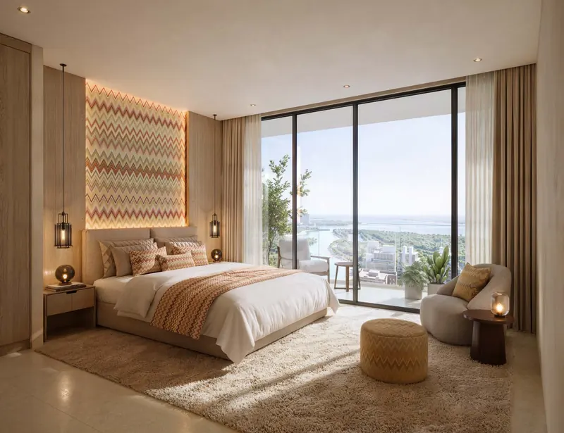 Bedroom with a Missoni zigzag headboard wall and canal views