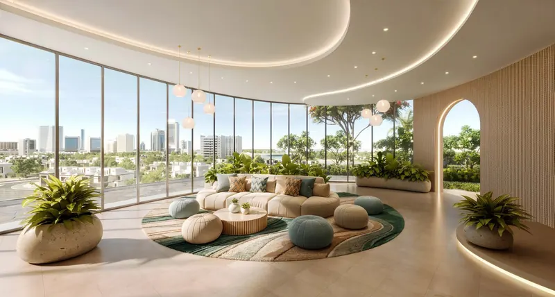 Elegant clubhouse lounge with curved ceilings and garden views