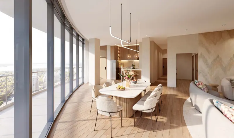 Open dining room with floor-to-ceiling glass