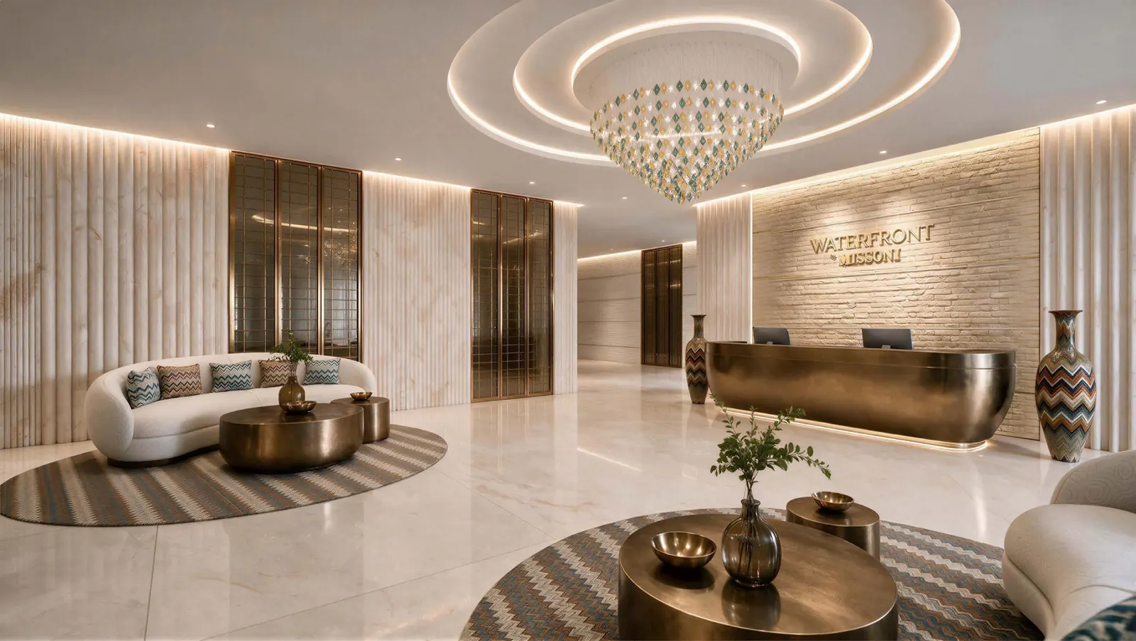 Lobby reception with bronze desk and the Waterfront by Missoni wordmark