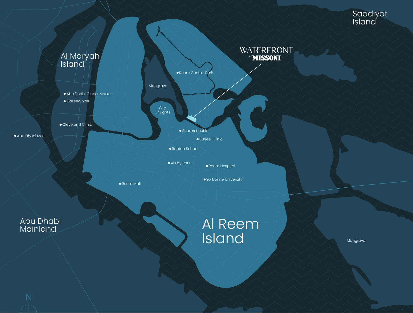 Map of Al Reem Island showing Waterfront by Missoni beside the canal, near Al Maryah Island and Saadiyat Island