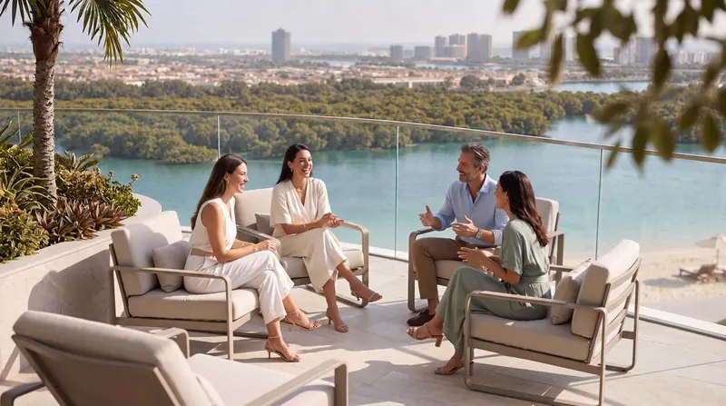 Residents relaxing on a landscaped terrace above the canal